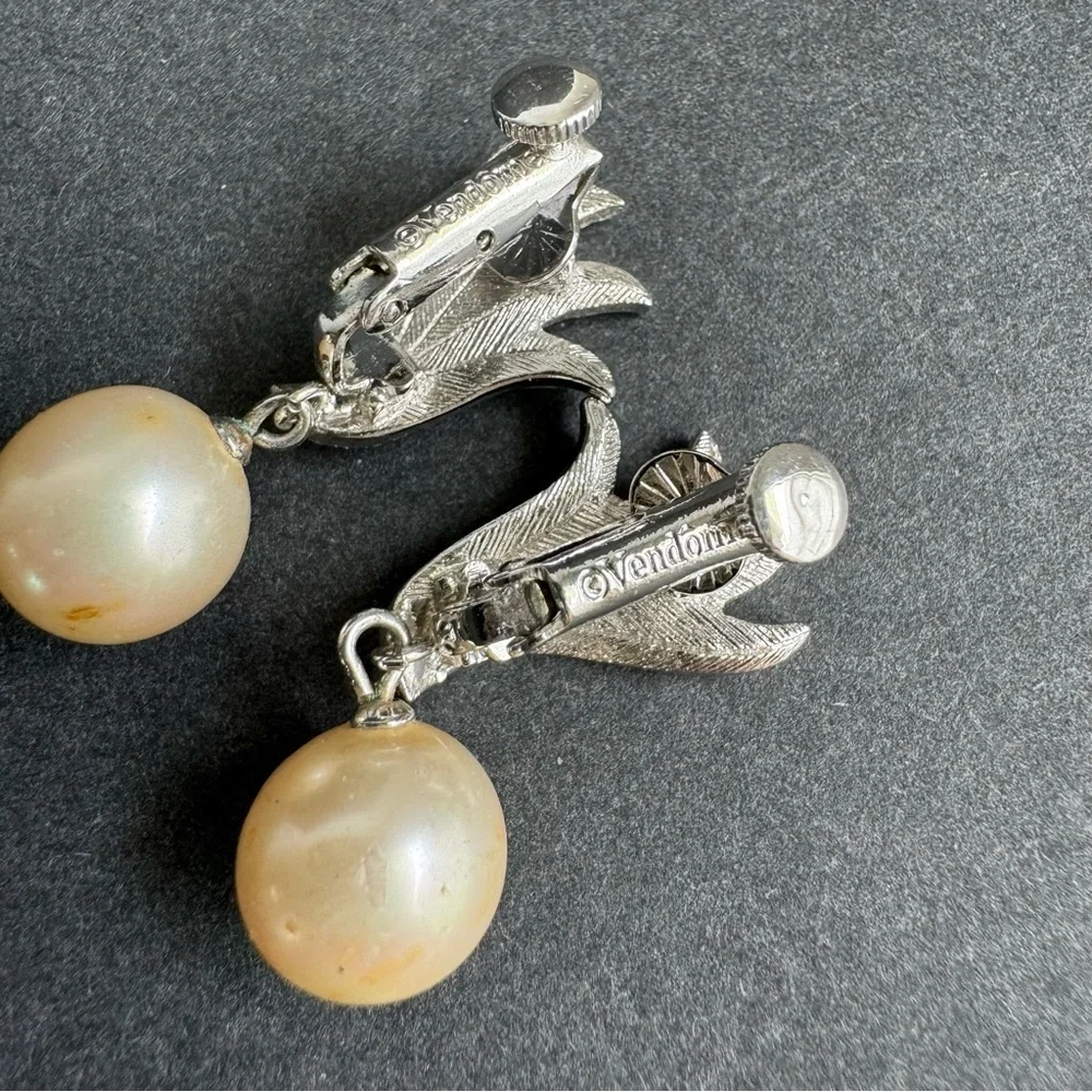 Vintage‎ Vendome Pearl Drop Clip-On Earrings Silver Rhinestone Bridal Bride